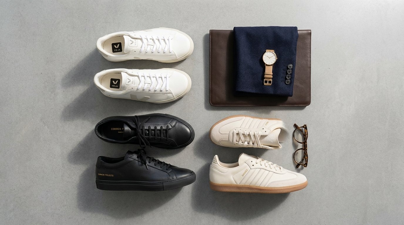 Sneaker brands for business casual work flat lay with Veja, Common Projects, and tailored blazer.