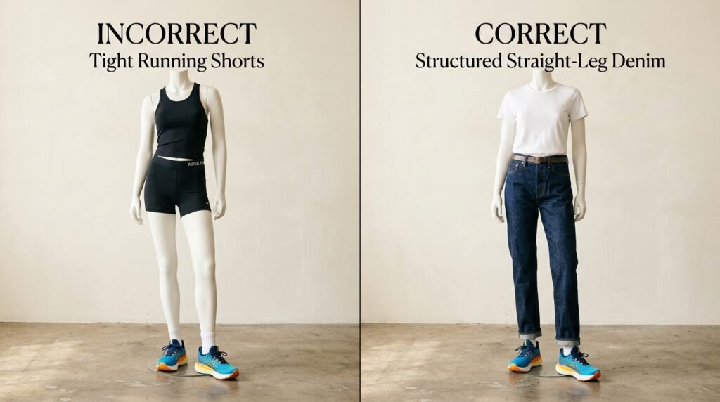 Studio setup comparing sportswear pairings versus denim pairings with technical sneakers.