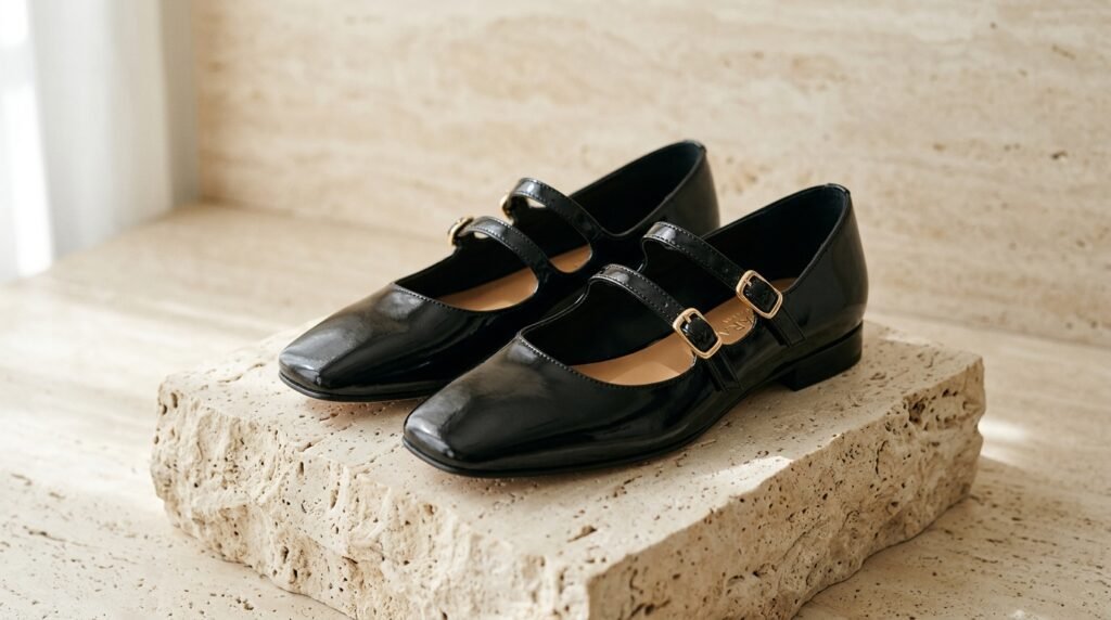 Black patent leather square-toe Mary Jane shoes with double buckle straps.