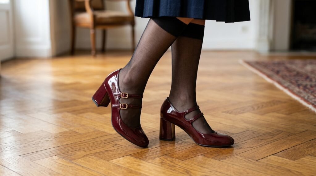  Burgundy patent Mary Jane block heels styled with sheer knee-high socks.