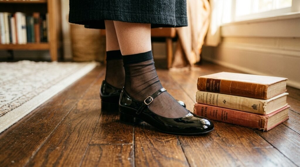 Patent leather Mary Jane shoes worn with black socks next to books on a hardwood floor.