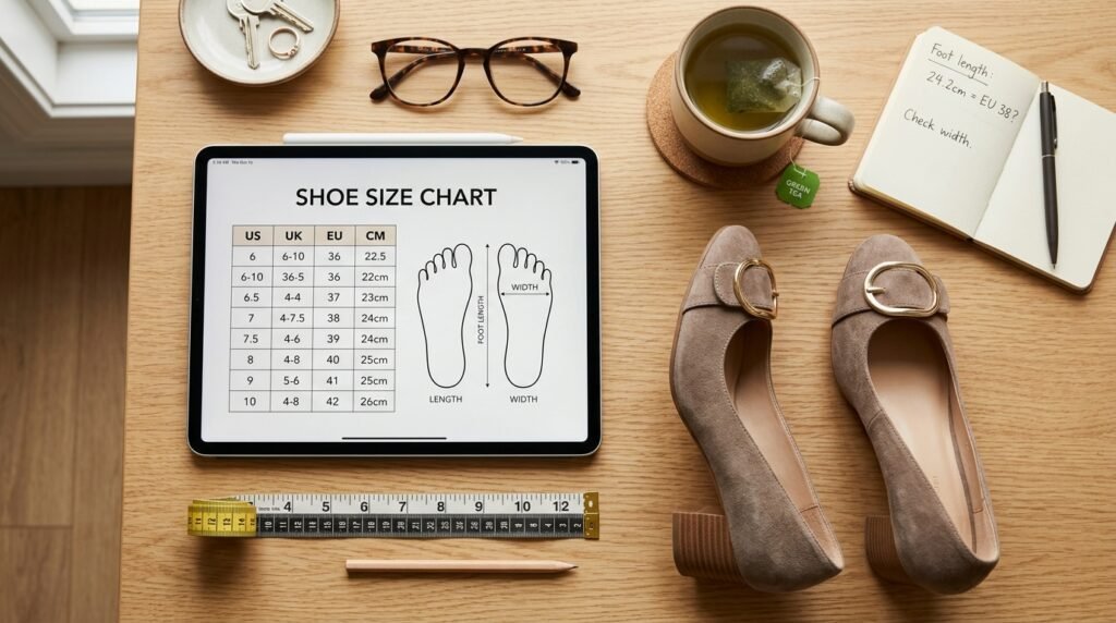 Office desk flat-lay with a tablet, tape measure, and comfortable block heel pumps.
