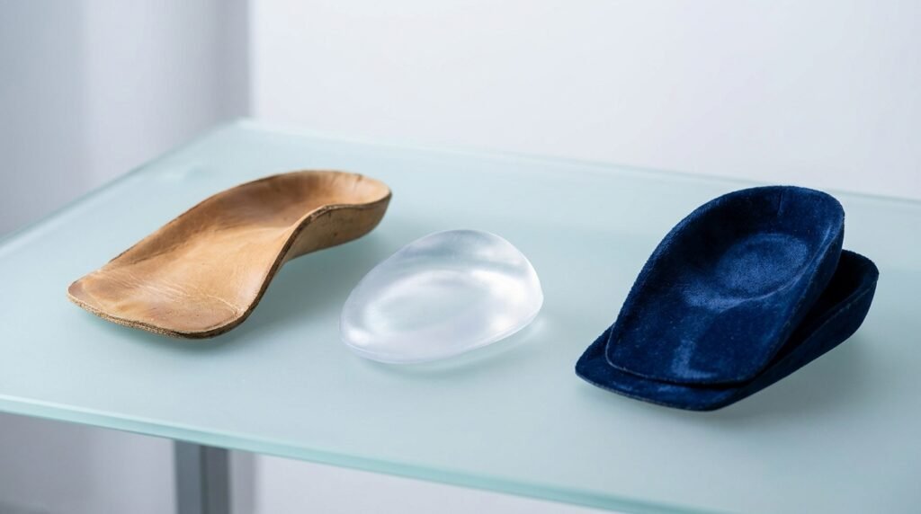 Collection of high-density silicone and leather shoe inserts for high heel comfort.