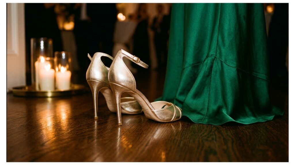 Champagne gold metallic ankle-strap heels paired with an emerald green gown.