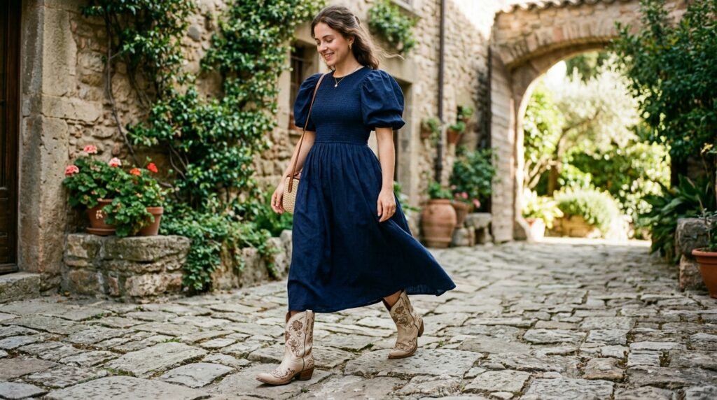 Navy smocked puff-sleeve midi dress worn with cream embroidered western boots.
