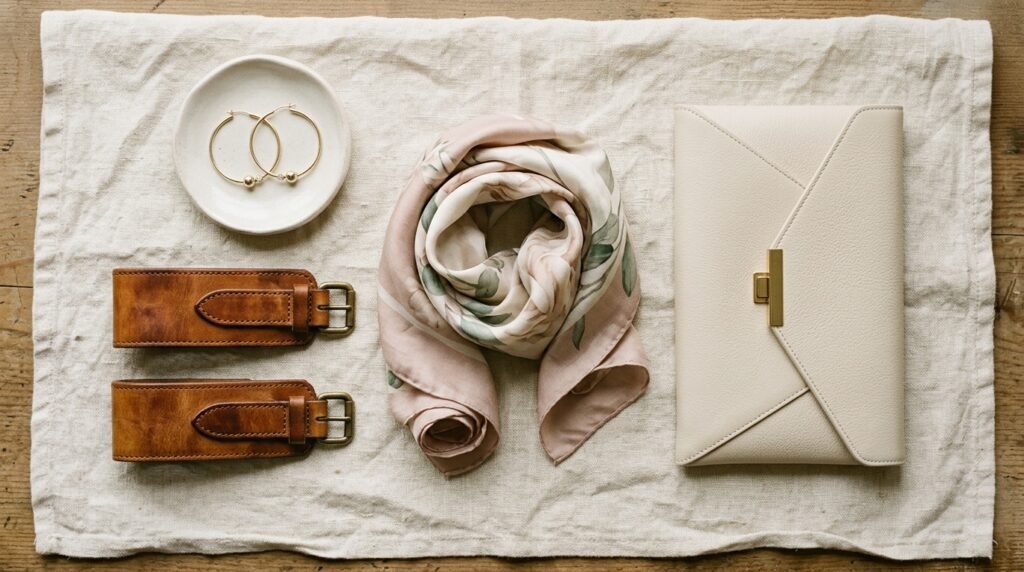 Wedding guest accessories including gold jewelry and a structured clutch next to leather boots.