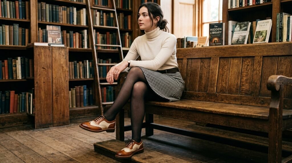 Cognac and cream two-tone lace-up oxford shoes paired with a houndstooth skirt.