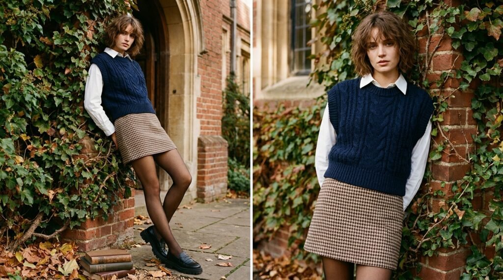 Navy cable vest, white shirt, houndstooth skirt, and black loafers worn with sheer tights.