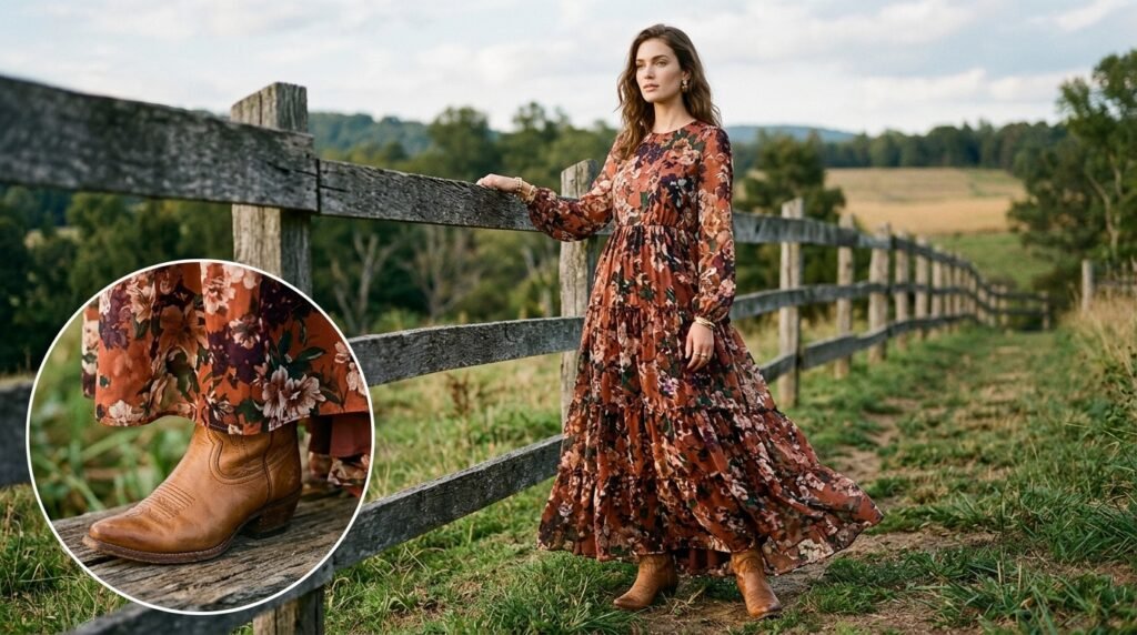 Tiered floral chiffon maxi dress styled with pointed tan leather cowboy boots.