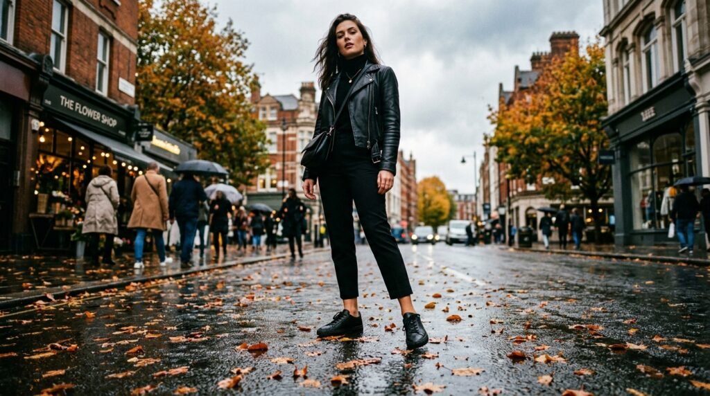 Model wearing cropped black cigarette pants and all-black leather minimalist sneakers.