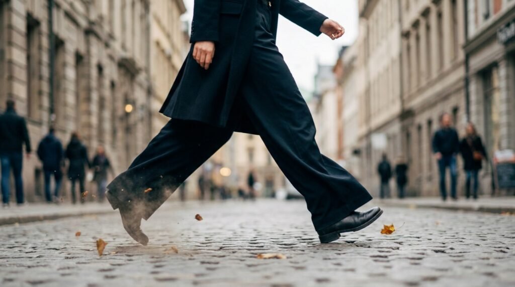 Dynamic shot of a tailored pant leg swinging forward from the hip in high heels.