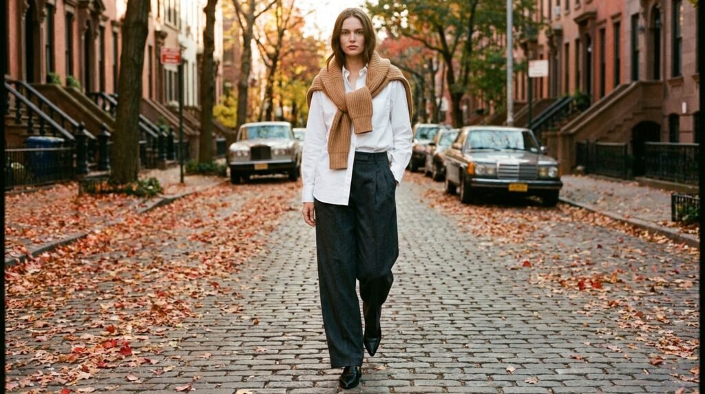 Wide-leg charcoal wool trousers paired with a white shirt, camel knit, and black loafers.