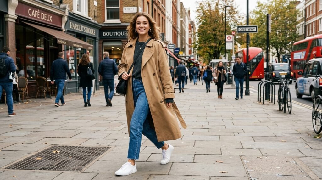 Crisp white leather sneakers styled with straight-leg blue jeans and a trench coat.
