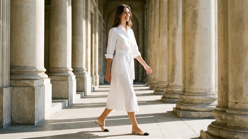 Belted white cotton shirt dress styled with two-tone slingback flats outdoors.