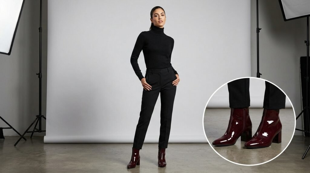 Model in all-black clothing wearing glossy burgundy patent leather booties.