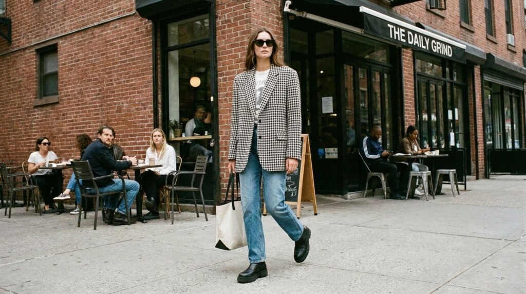 Model in a houndstooth blazer and straight jeans paired with western boots.