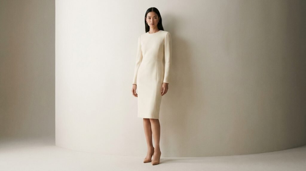 Almond-toe nude leather pumps worn with a cream sheath dress.