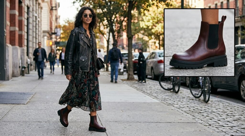 Dark floral chiffon dress paired with chunky burgundy Chelsea boots.