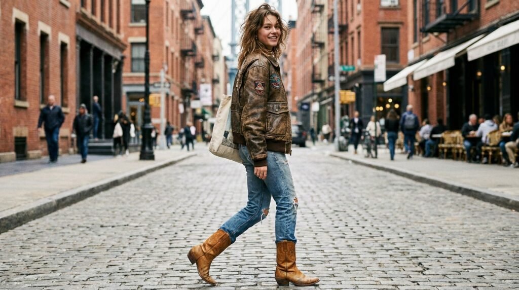 Distressed brown leather bomber jacket and vintage blue jeans paired with western boots.