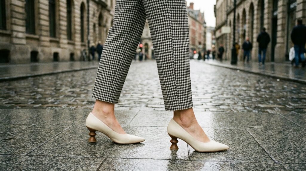 Cream leather pointed kitten heels with sculptural spool heel worn with cigarette pants.