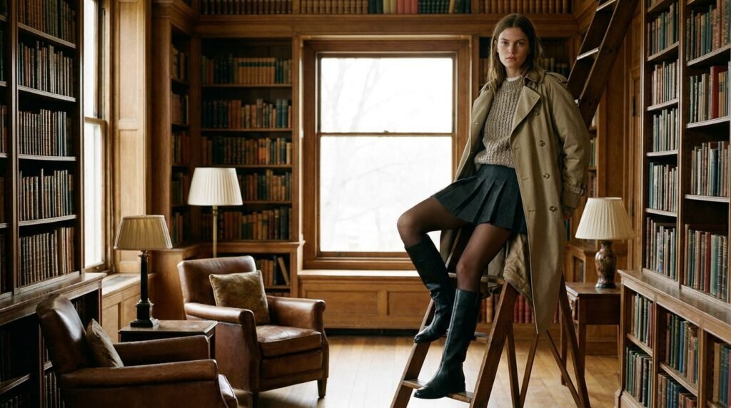 Pleated mini skirt and sheer tights paired with knee-high black cowboy boots.