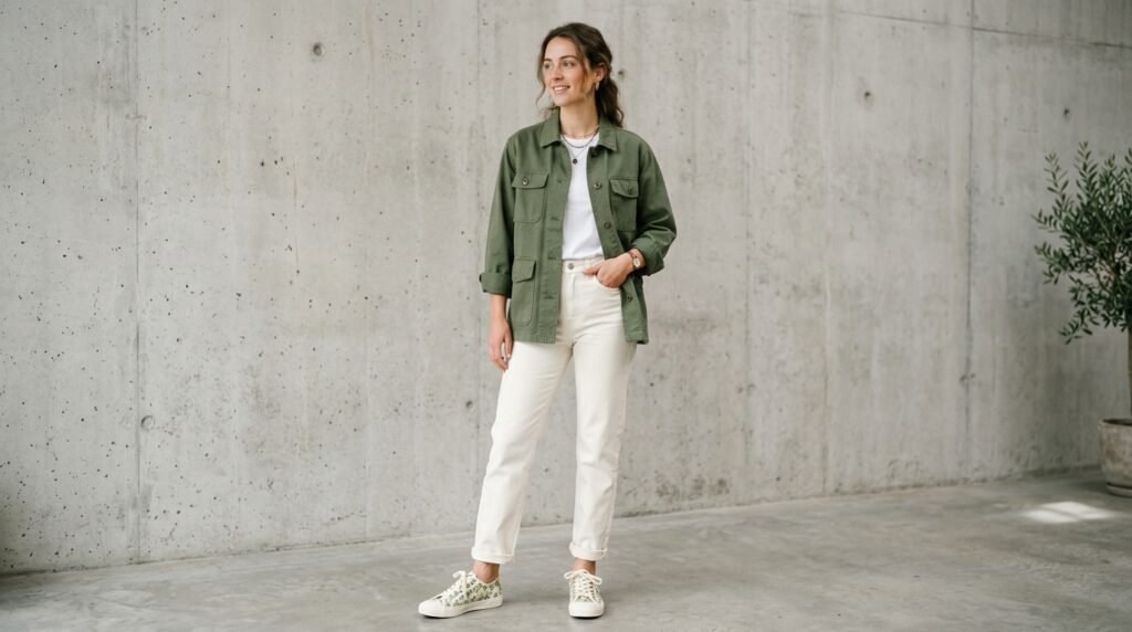 Ecru jeans and olive utility jacket paired with floral pattern sneakers.