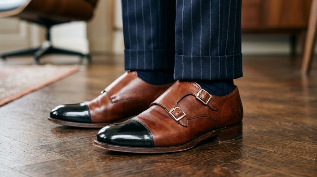 Chestnut and black two-tone monk strap shoes worn with navy pinstripe trousers.