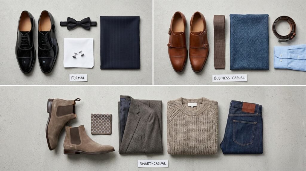 Workplace footwear dress code mood board with fabric swatches and shoe styles.