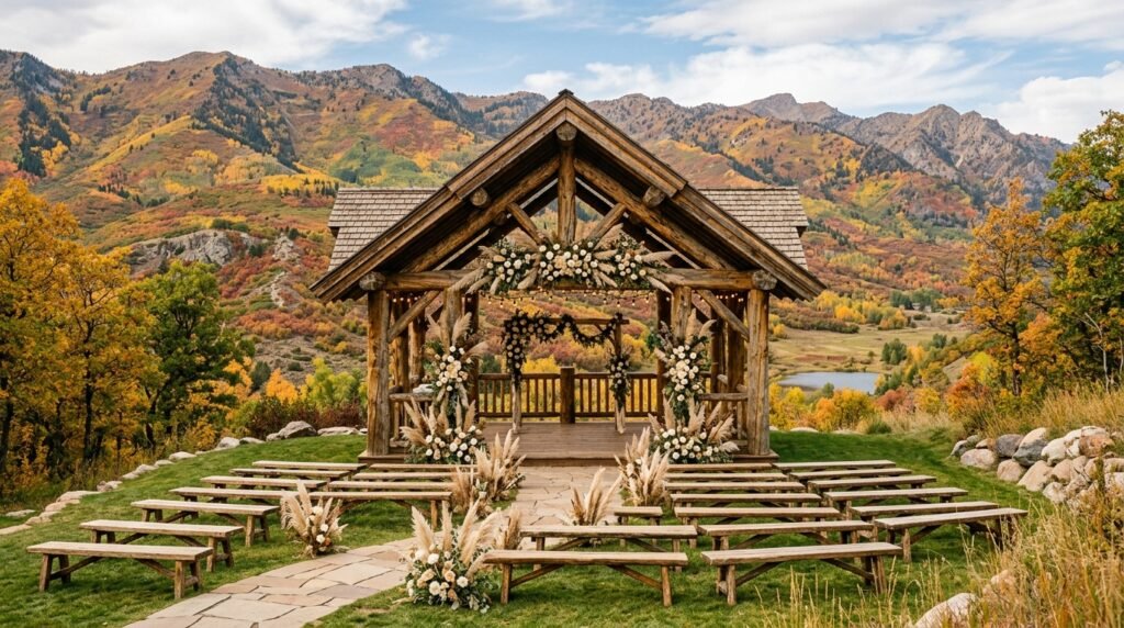 Rustic mountain wedding venue decorated for an autumn outdoor wedding.