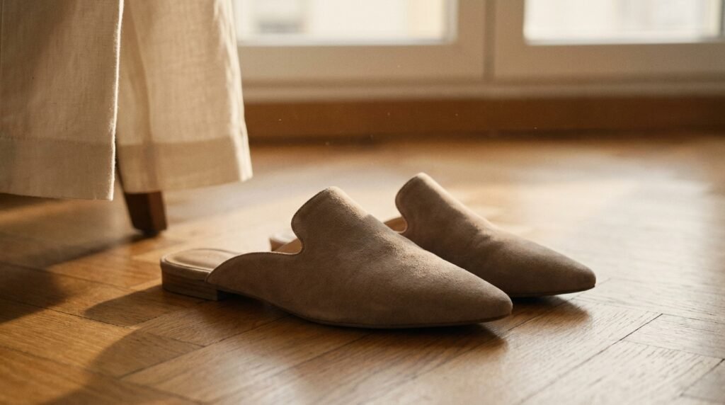 Taupe suede pointed backless mules styled with cropped ivory trousers.