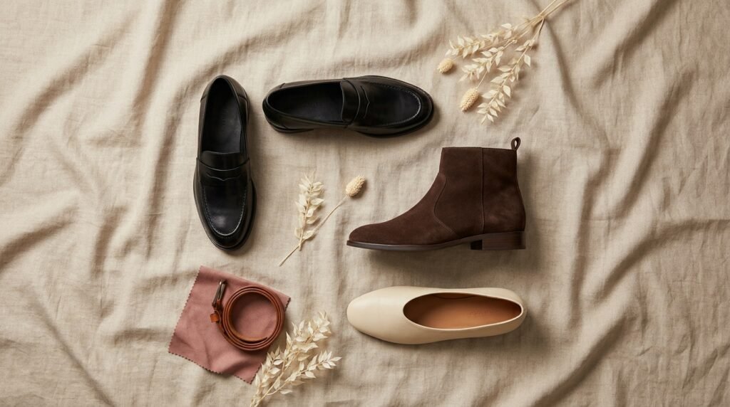 Flat-lay arrangement of neutral leather shoes in black, brown, and ivory on linen.