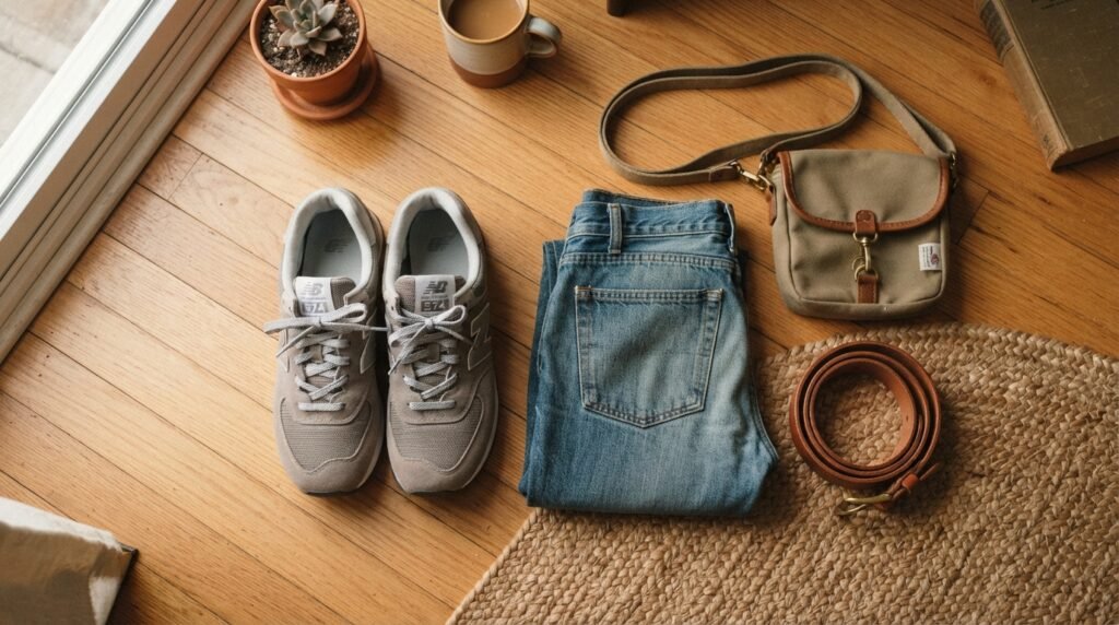 A flat-lay photo of grey New Balance 574 sneakers, folded denim jeans, a leather belt, and a canvas bag on a wooden floor.
