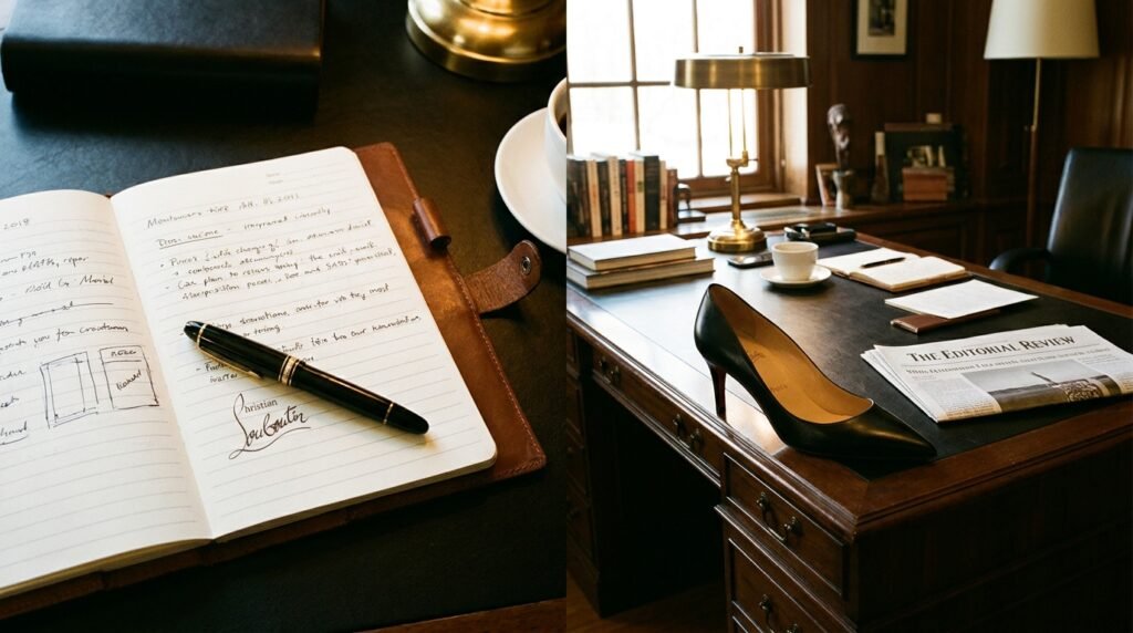 Executive leather notebook and polished black pump on an office desk for an interview styling guide.