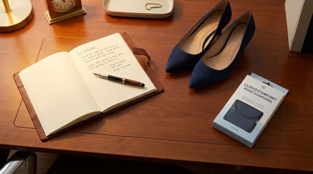 Workspace desk setting with notebook, suede pumps, and foot care accessories.
