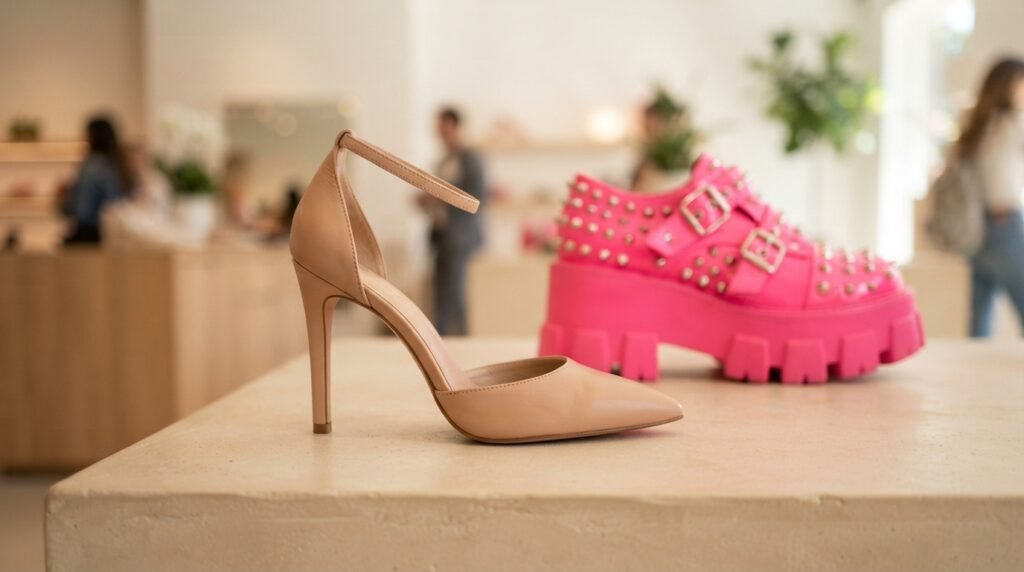 A classic nude high heel in focus with a chunky, studded neon shoe blurred in the background.