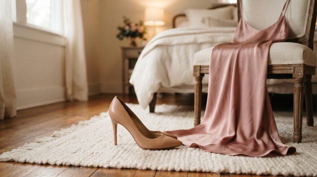 A pointed-toe nude heel sitting on a rug next to a pink silk dress draped over a chair.