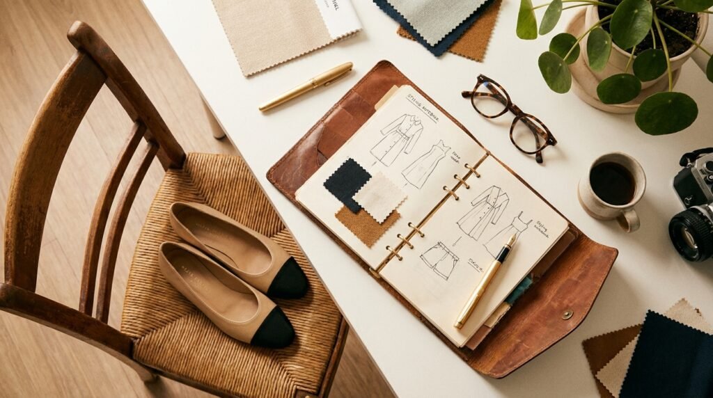 Workspace desk setting with notebook, pen, and two-tone flats illustrating styling advice.