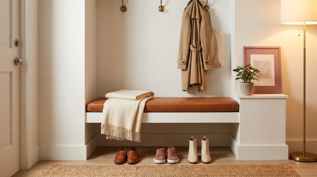 An organized entryway bench with classic everyday shoes neatly arranged underneath.