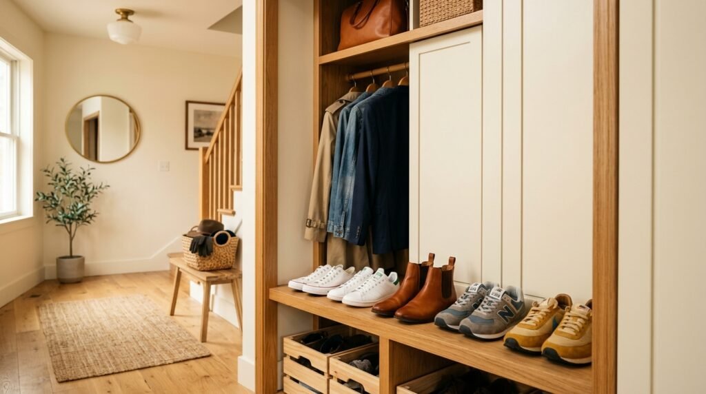 An entryway shoe rack neatly organized with a mix of sneakers, ankle boots, and casual footwear in a warm home setting.
