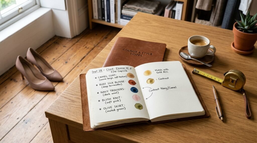 Styling journal, coffee cup, and nude leather pumps on an office desk.