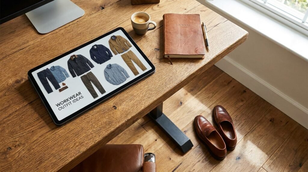 Office desk flat-lay with tablet, coffee, and brown leather loafers.