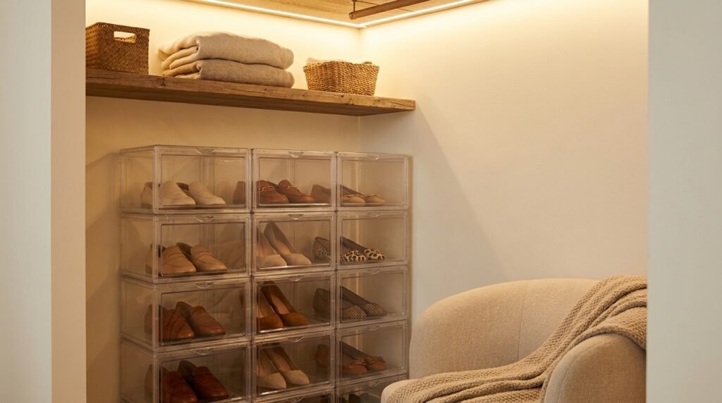 Clear stackable shoe boxes organized vertically inside a small, well-lit bedroom closet.