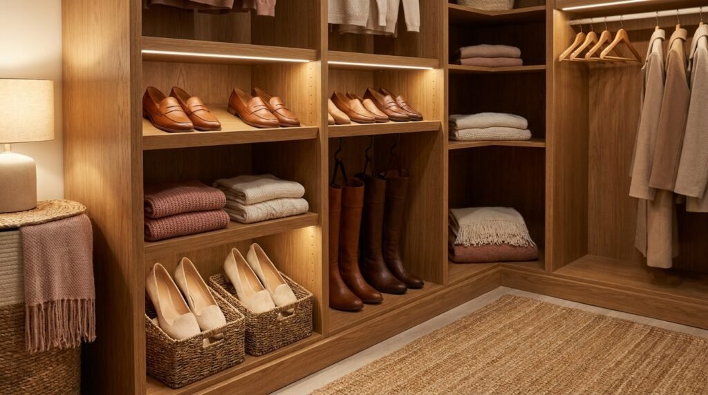 An organized closet shelf displaying neatly lined neutral-toned women's shoes including loafers and boots.