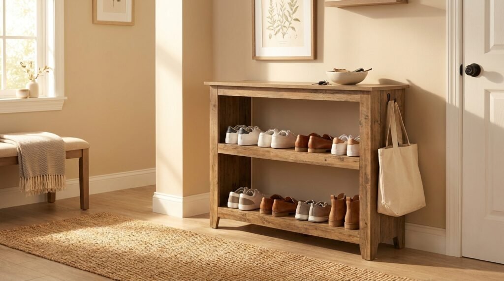A tidy wooden shoe rack holding neutral everyday shoes by an apartment entryway in warm morning light.
