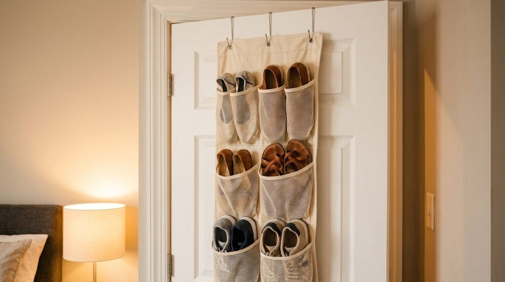 A fabric mesh over-the-door shoe organizer hanging on a white bedroom door, filled with shoes.