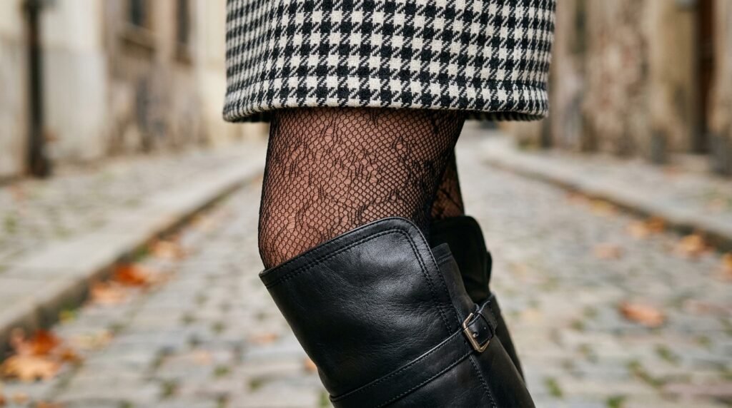 Detail of houndstooth miniskirt, sheer tights, and the top collar of a black knee-high boot.