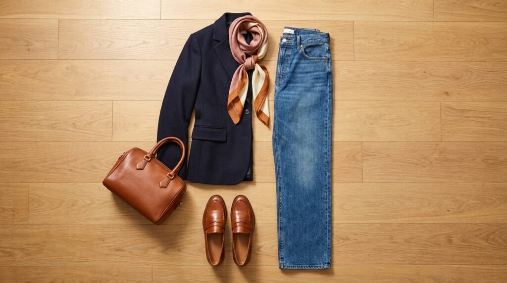 A flat lay showing a navy blazer, jeans, a handbag, and loafers arranged neatly on a wooden floor.