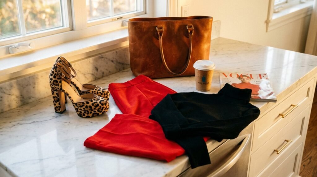Flat lay on a marble counter featuring a leopard print platform heel, red pants, and a black turtleneck.