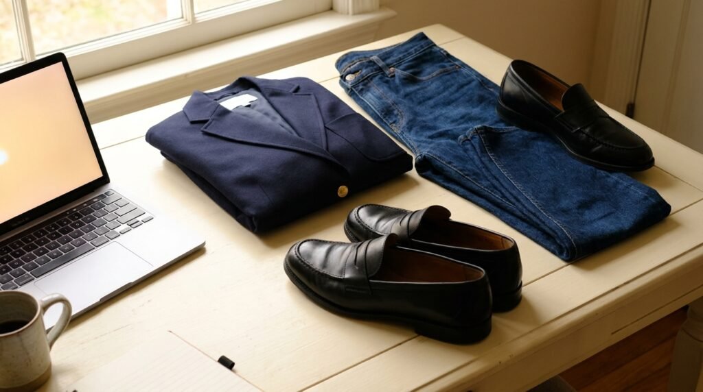Flat lay on a desk showing a navy blazer, dark denim jeans, and low-heeled black leather loafers next to a laptop.
