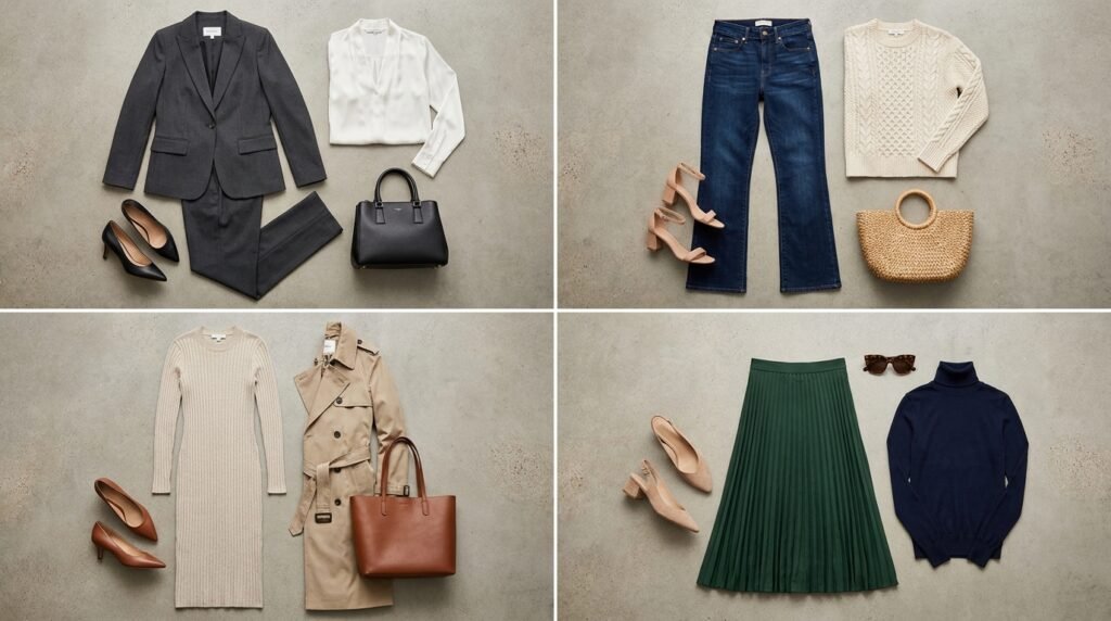 Fashion mood board displaying four outfit combinations paired with capsule wardrobe heels.